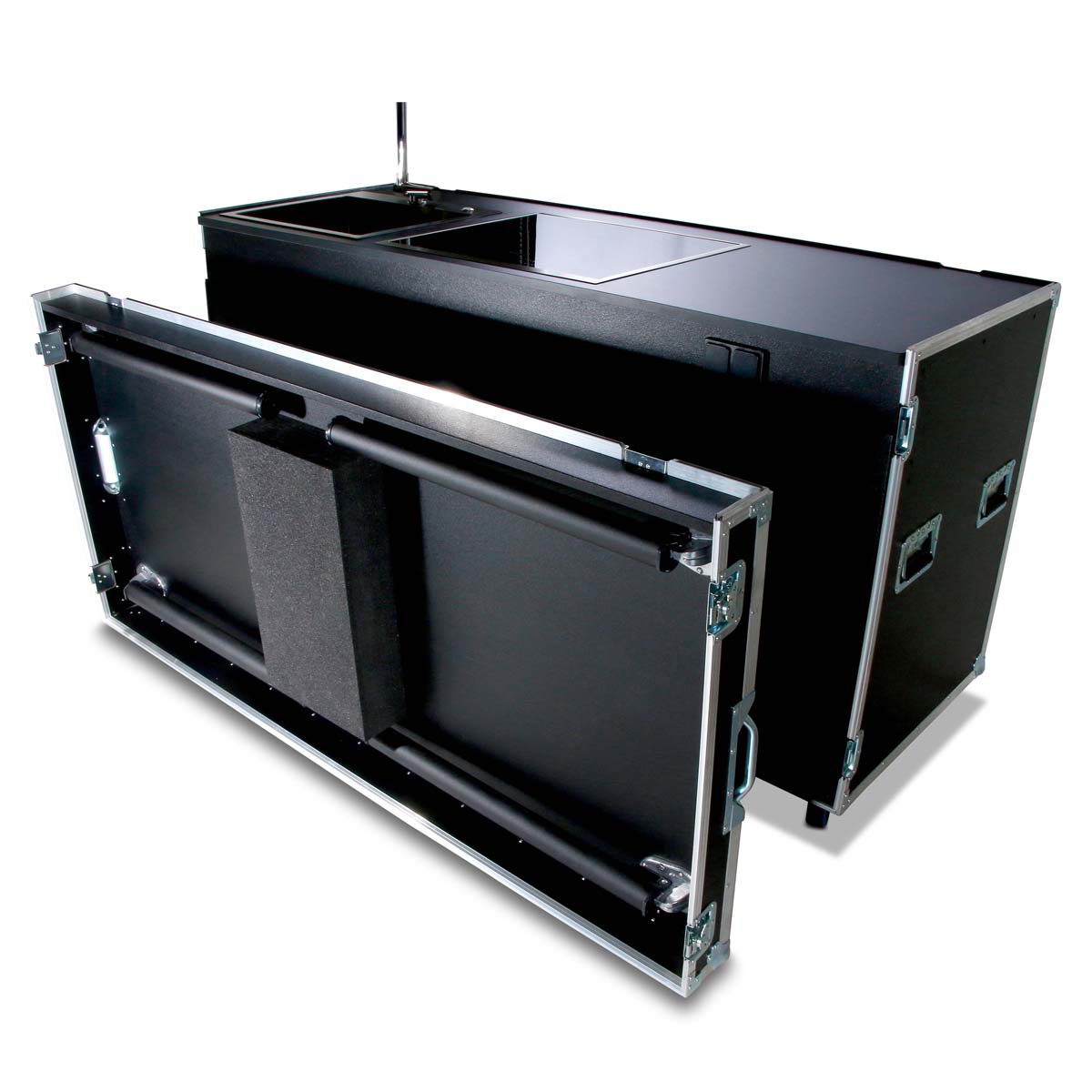 Flight-case cuisine mobile avec plaque de cuisson et évier