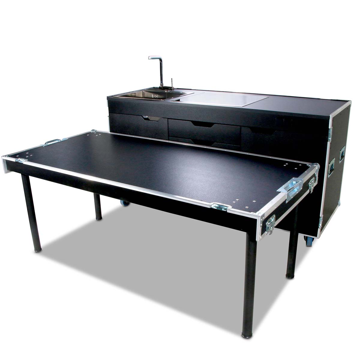 Flight-case cuisine mobile avec plaque de cuisson et évier