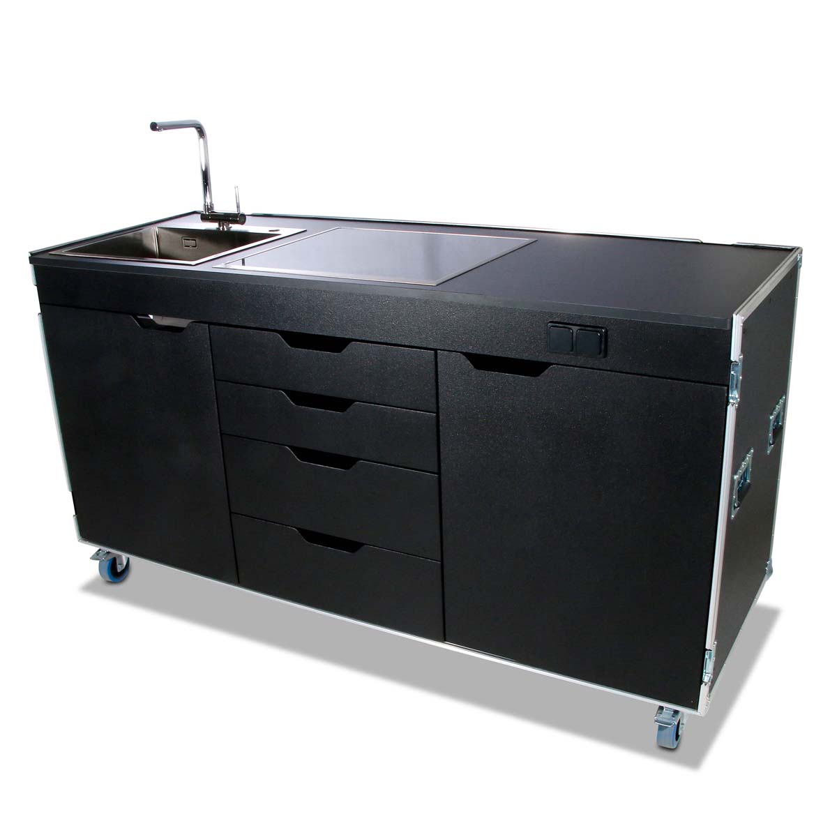 Flight-case cuisine mobile avec plaque de cuisson et évier