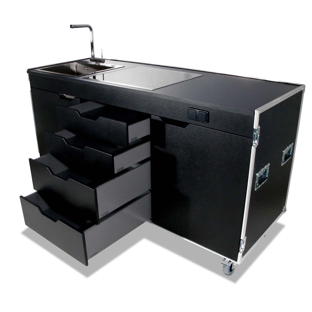 Flight-case cuisine mobile avec plaque de cuisson et évier