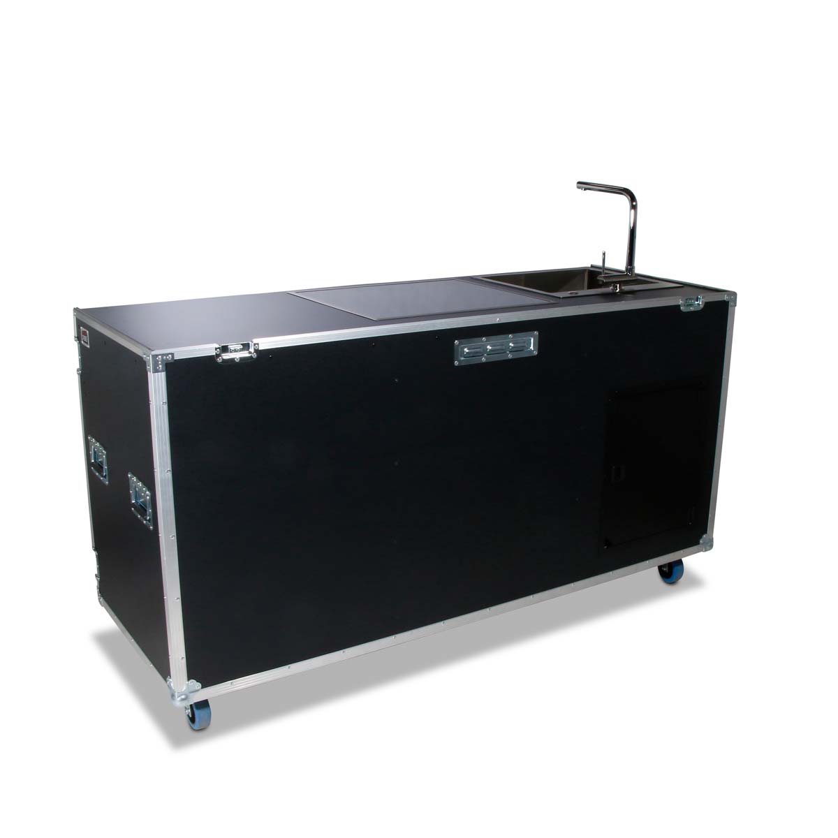 Flight-case cuisine mobile avec plaque de cuisson et évier