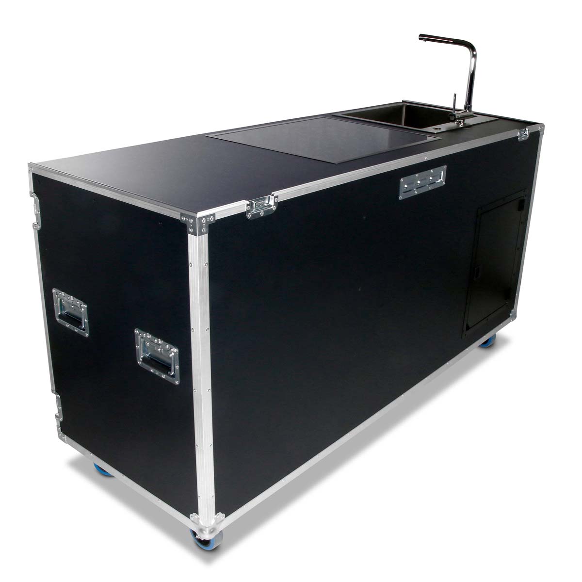 Flight-case cuisine mobile avec plaque de cuisson et évier
