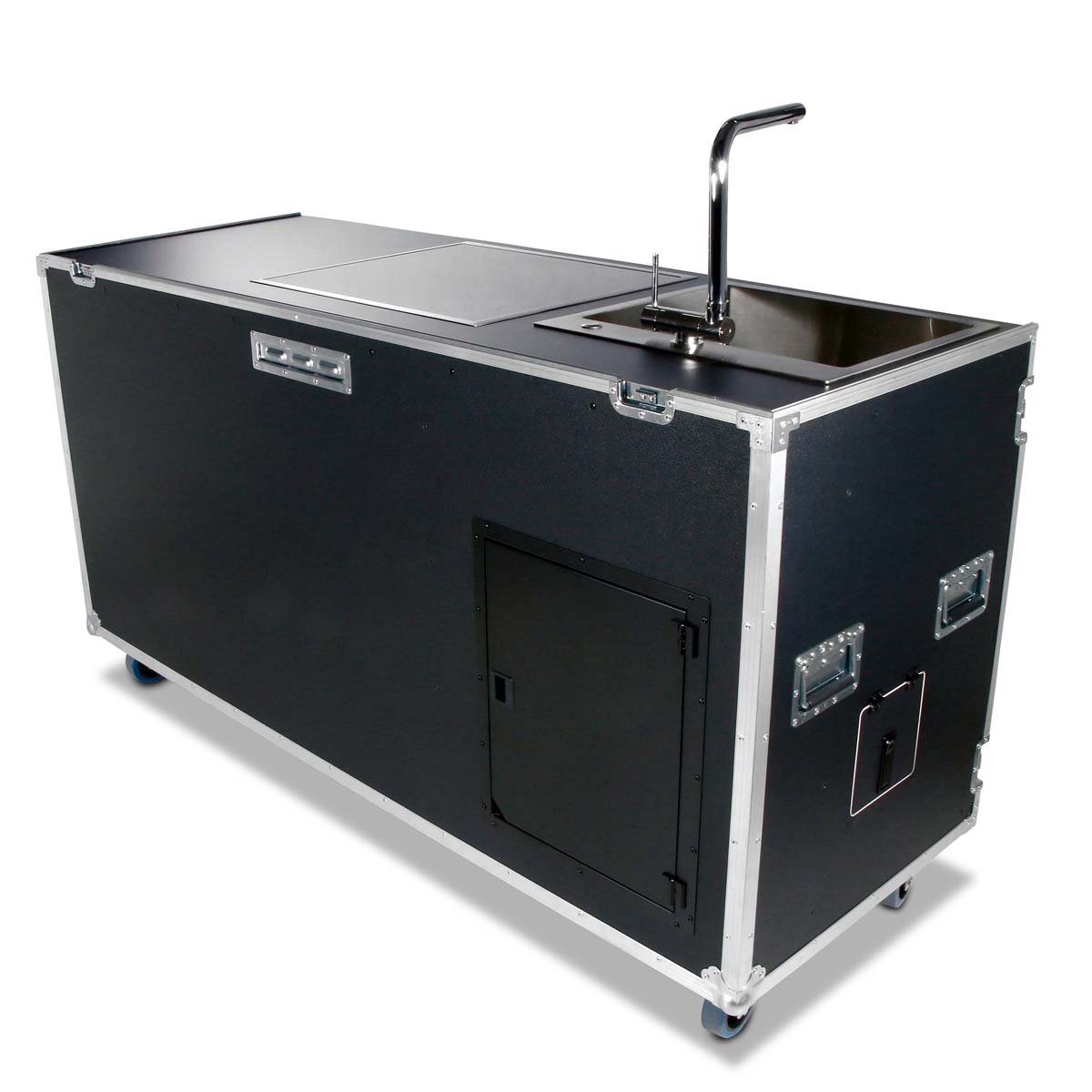 Flight-case cuisine mobile avec plaque de cuisson et évier