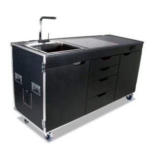 Flight-case cuisine mobile avec plaque de cuisson et évier