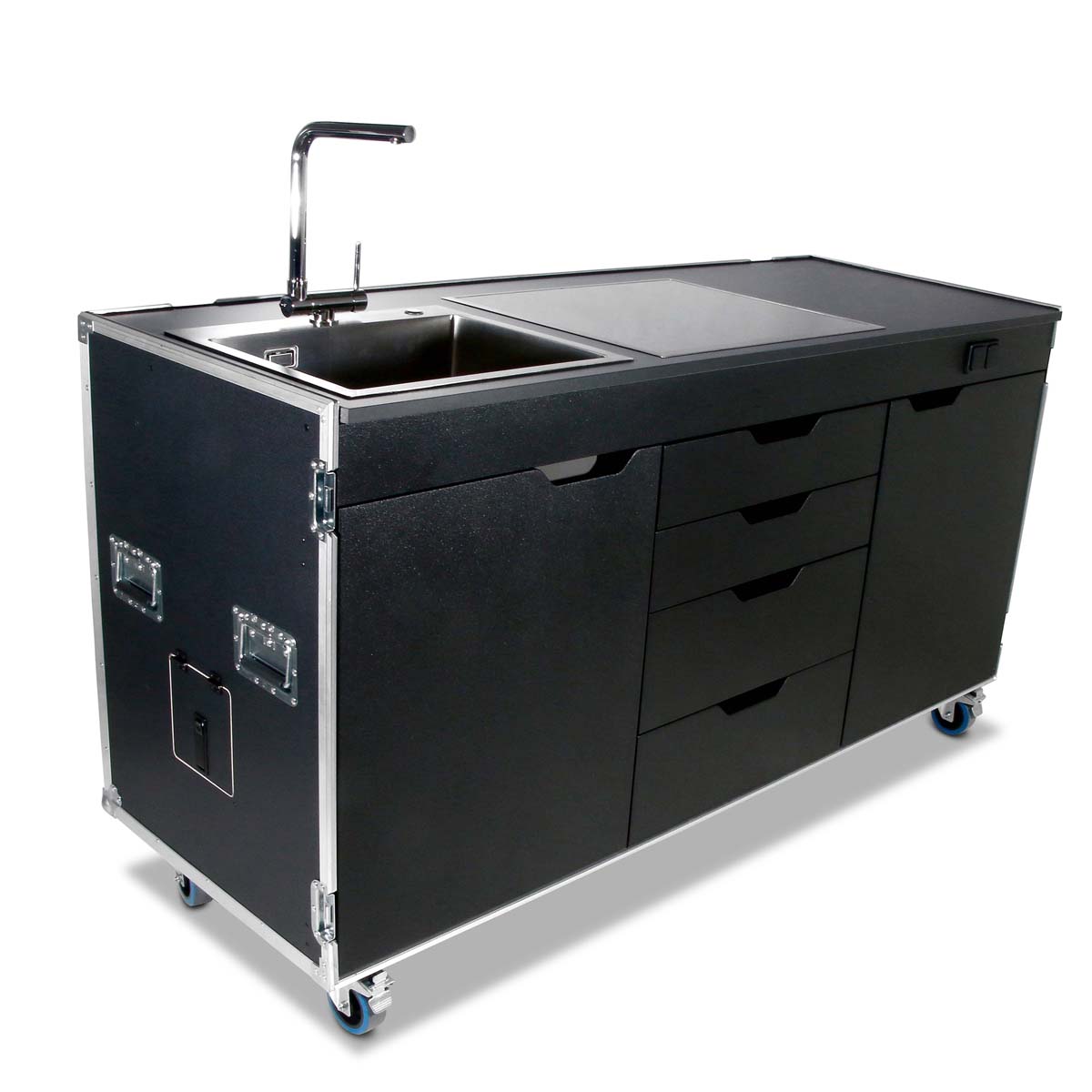 Flight-case cuisine mobile avec plaque de cuisson et évier
