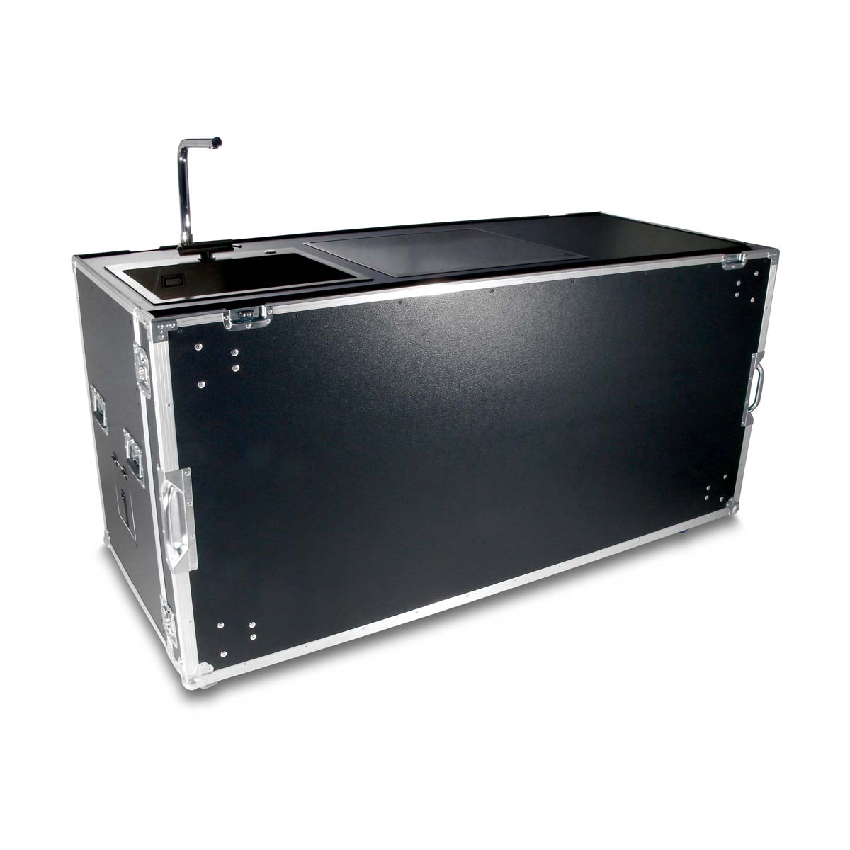 Flight-case cuisine mobile avec plaque de cuisson et évier