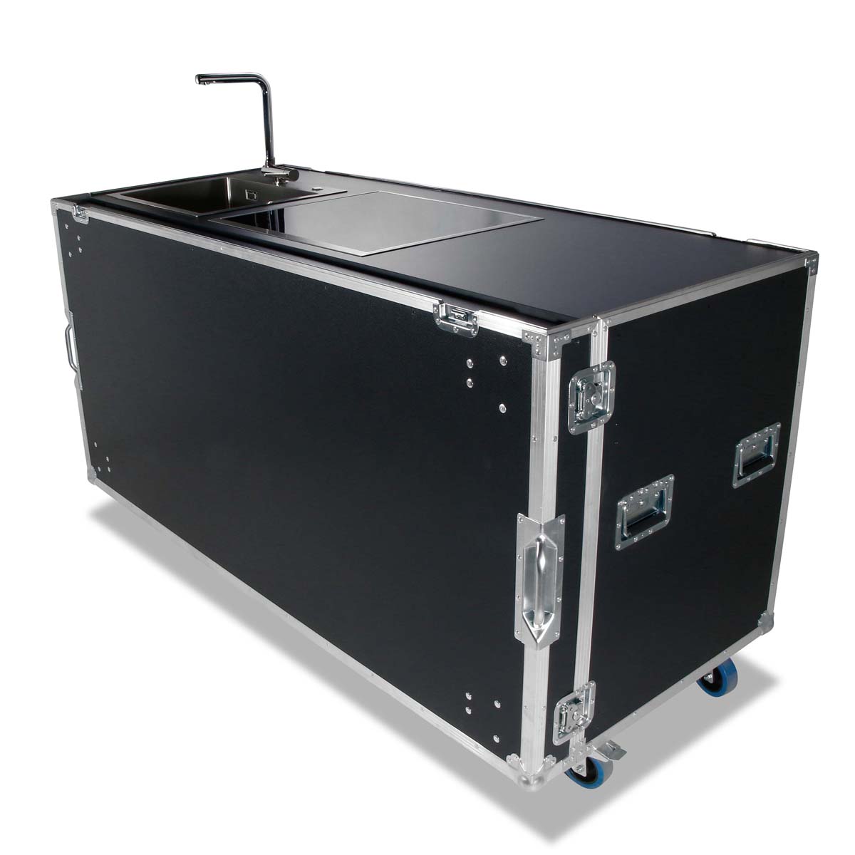 Flight-case cuisine mobile avec plaque de cuisson et évier