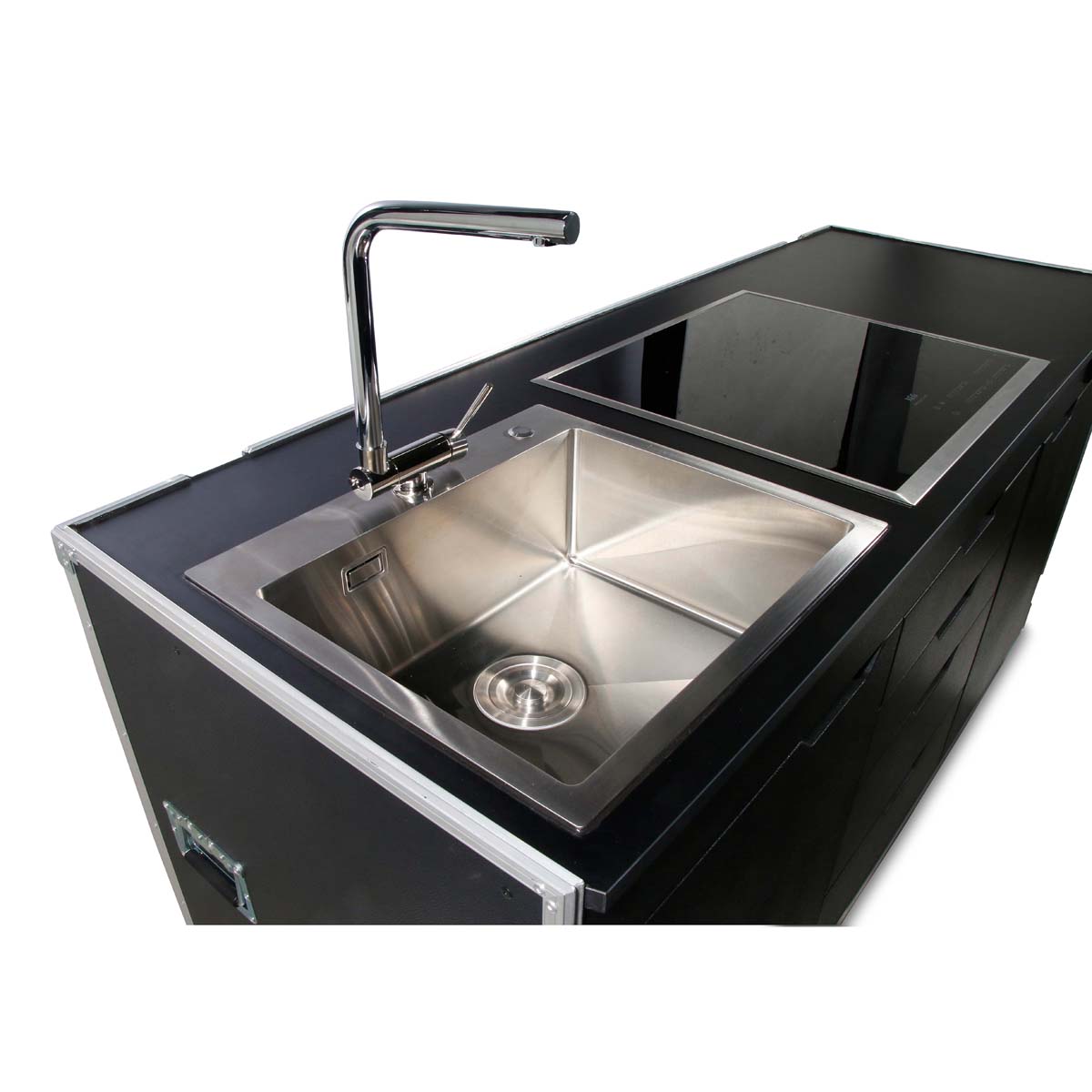 Flight-case cuisine mobile avec plaque de cuisson et évier