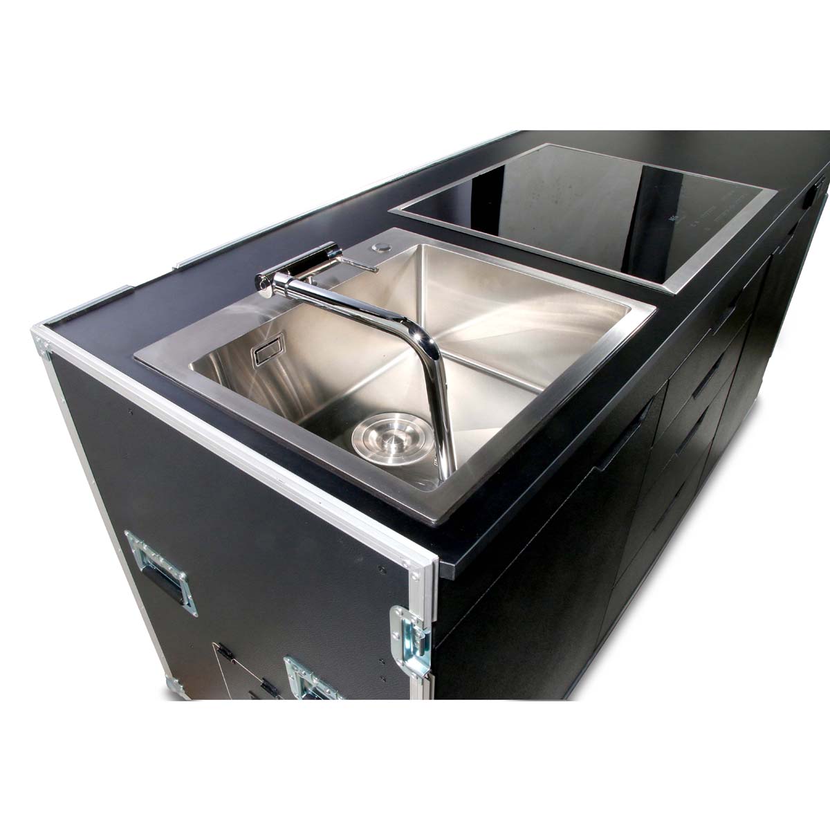 Flight-case cuisine mobile avec plaque de cuisson et évier