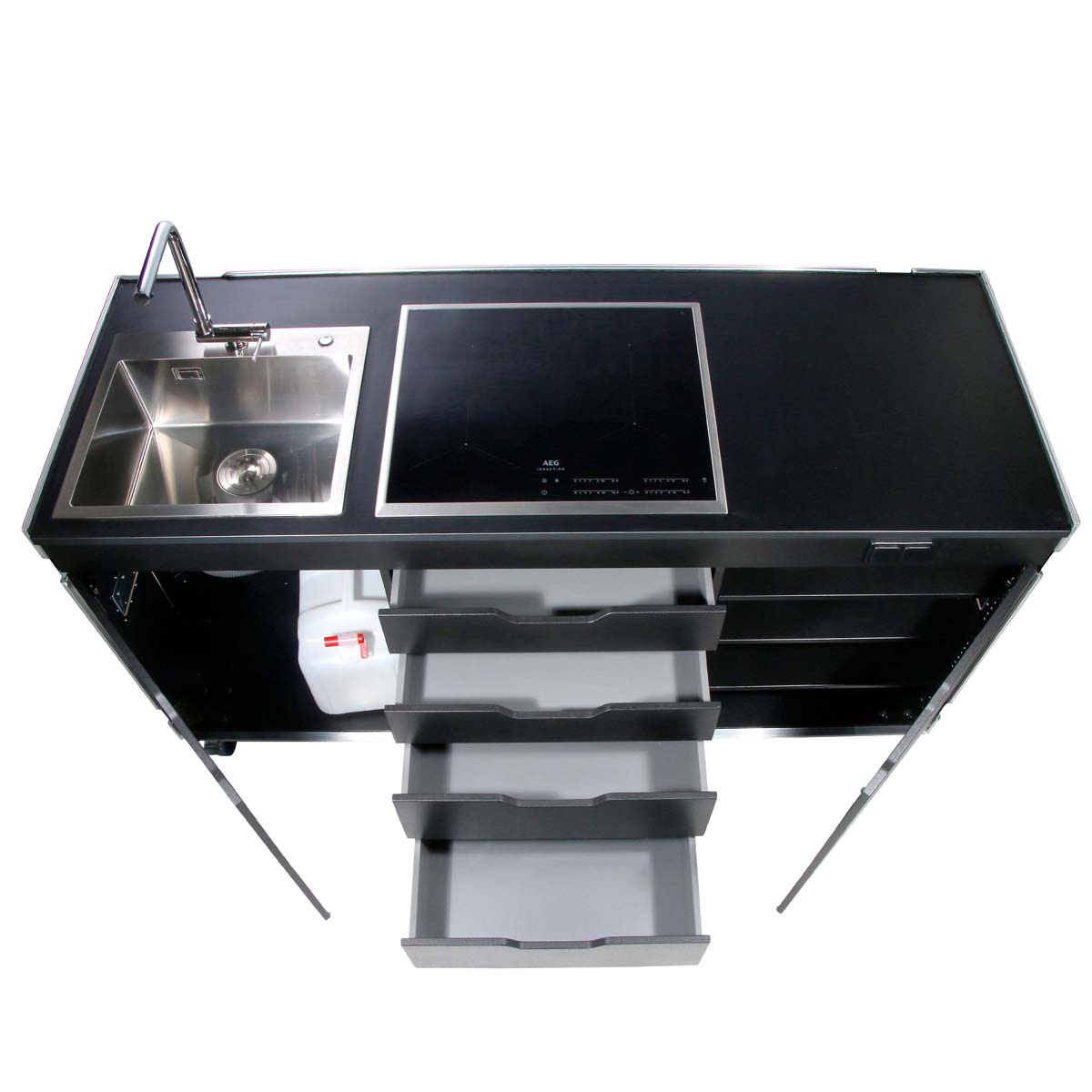 Flight-case cuisine mobile avec plaque de cuisson et évier