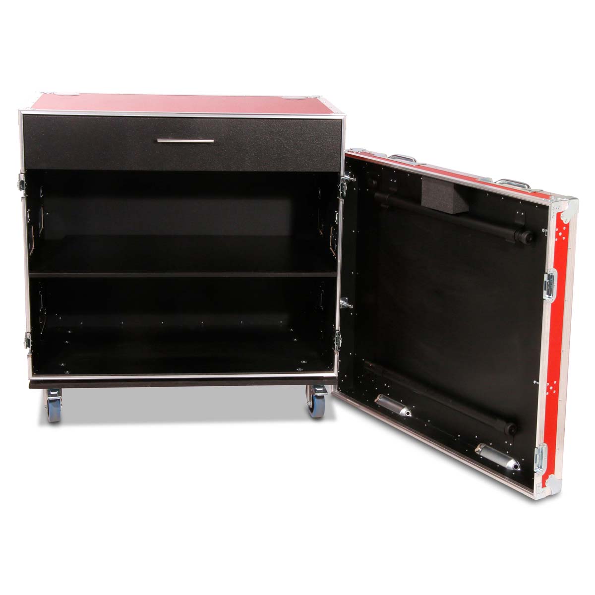 Flight-case pour produits dérivés avec fonction table et tiroir