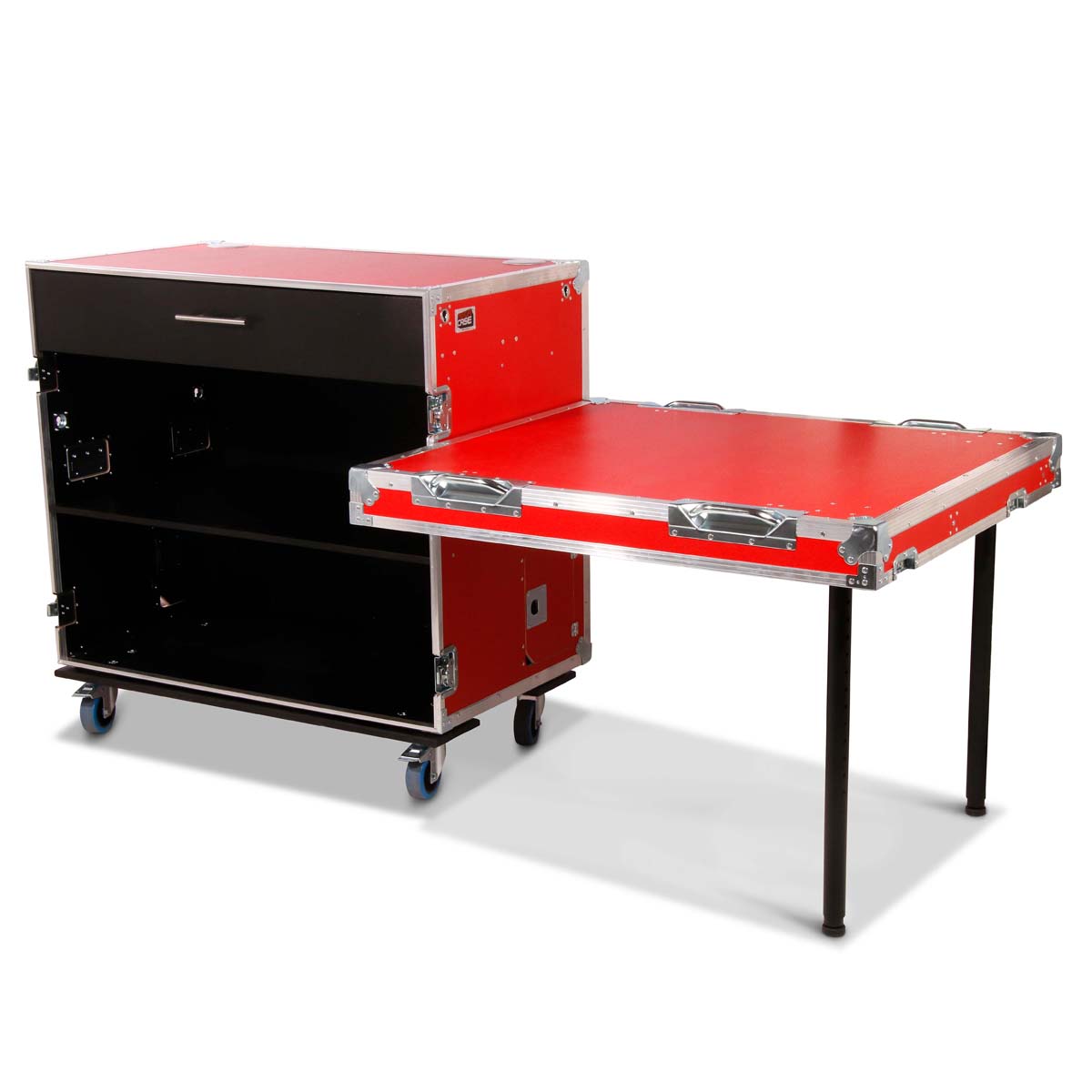 Flight-case pour produits dérivés avec fonction table et tiroir
