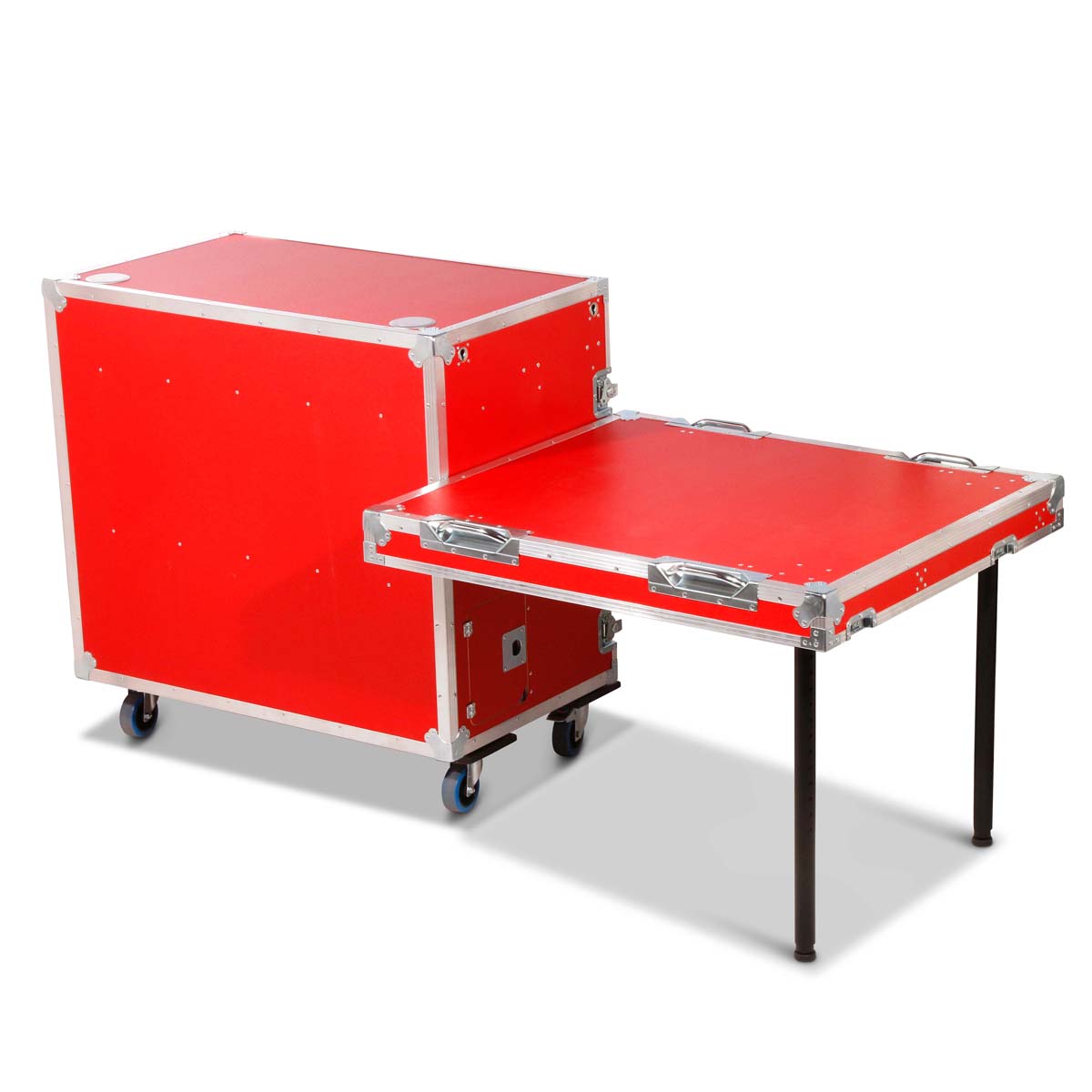 Flight-case pour produits dérivés avec fonction table et tiroir